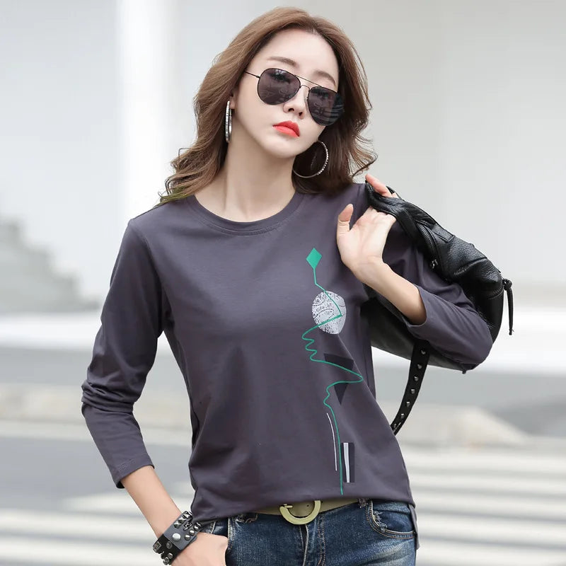 LJSXLS New Print T Shirt Women Cotton Korean Fashion Woman Clothes 2024 Spring Tops Autumn Tshirt Long Sleeve Tee Shirt Femme