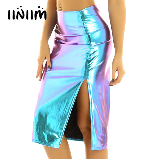 Women's Shiny Metallic Sexy Midi Fashion Skirt Holographic High Waist