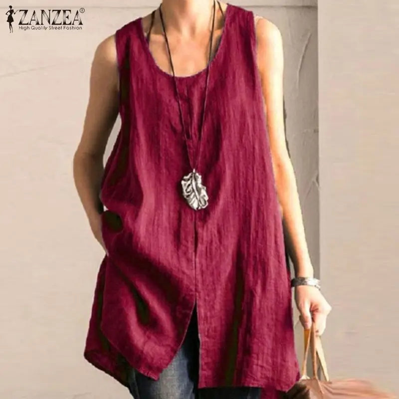 2023 Summer Sleeveless Split Tanks Tops ZANZEA Women Cotton Linen Blouse Vintage Solid Party Shirt Female Blusas Tunic Tops Tee