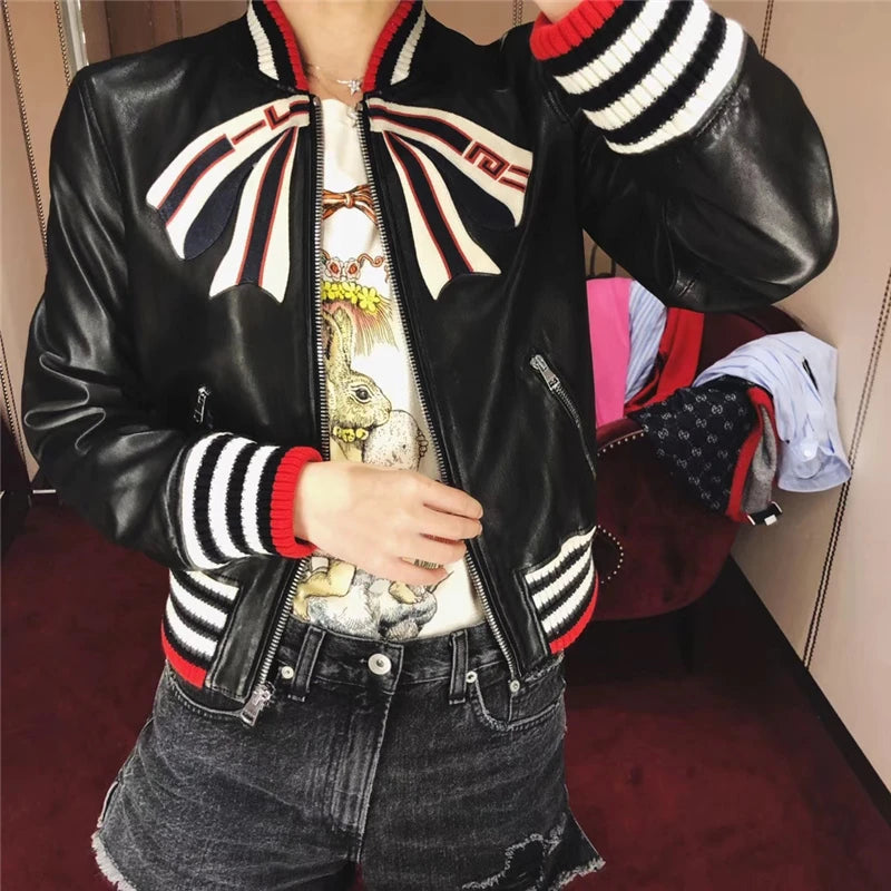 Genuine Leather Bomber Jacket - Spring Windproof Patchwork