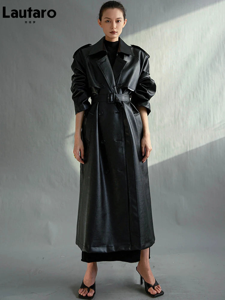 Extra Long Black Faux Leather Trench Coat - Women's Oversized Belt Double Breasted