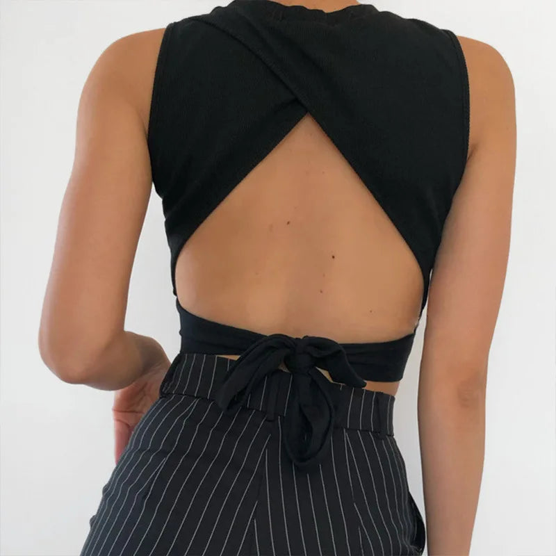 Sexy backless women tank top bandage slim crop top summer 2024 casual streetwear tops solid cotton soft criss cross top