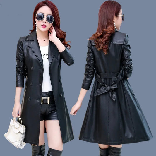 Women's Leather Jacket - Long Belted PU