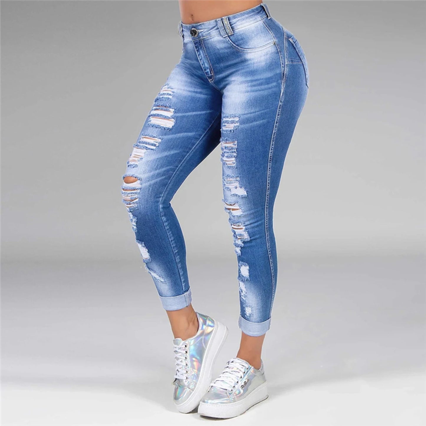 Plus Size Women's Ripped High Waist Trousers Skinny Denim Hollow