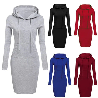 New Autumn Solid Color Women Long Sleeve Pocket Bodycon Hooded Sweatshirt Dress