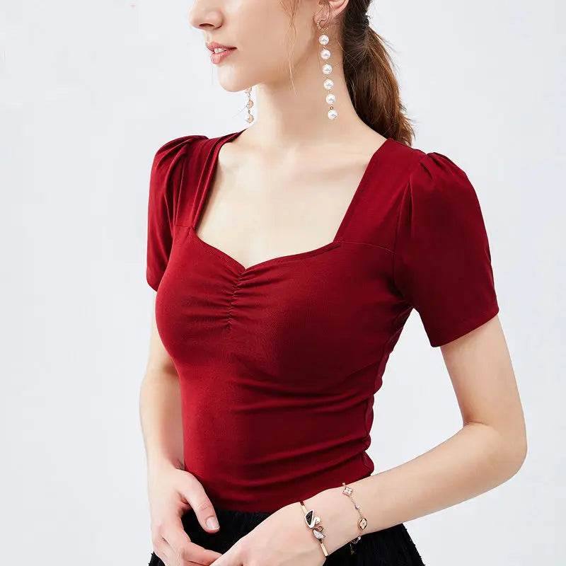 Women's Spring Summer Style Cotton Blouse Shirt Women's Solid Color Square Collar Puff Sleeve Elegant Sexy Slim Tops DD8402