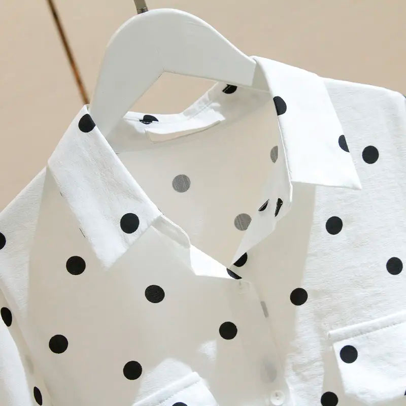 Women Oversize White Shirt With Pockets Ladies Fashion Elegant Blouses 2024 Casual Youth Black Polka Dot Top Korean Clothing