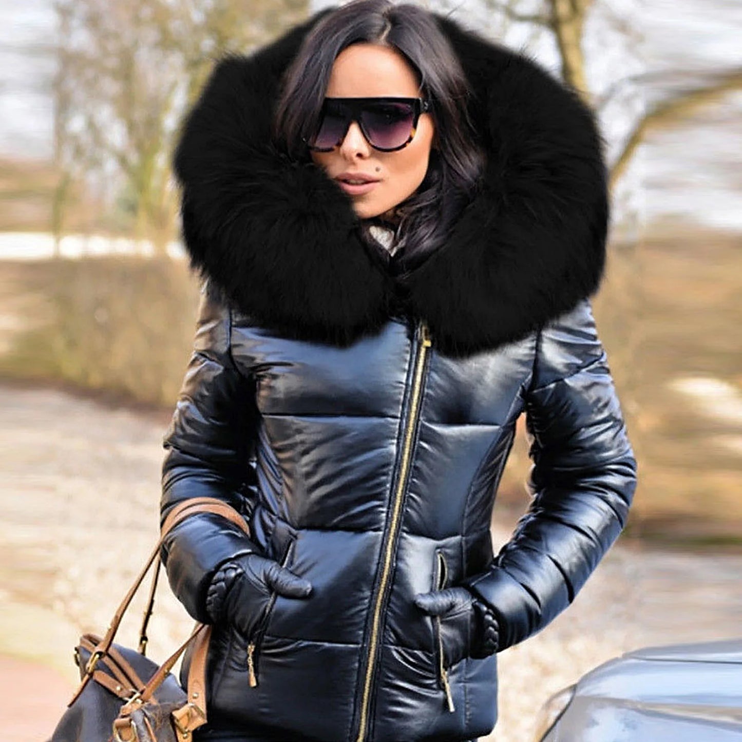 Loose Faux Fur Hooded Jacket - Women’s Winter Zipper Down Coat