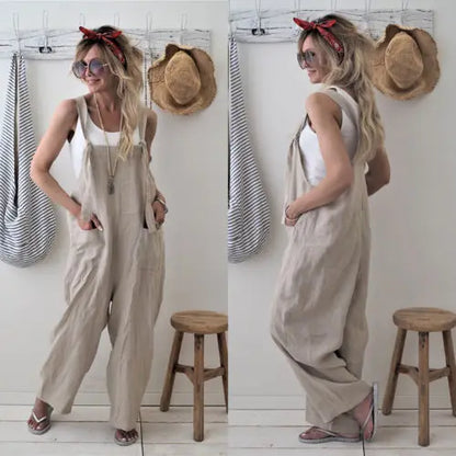 Women's Linen Dungarees Harem Strap Pant Loose Jumpsuit Baggy Trousers