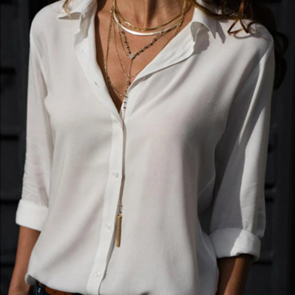 Women Tops Blouses 2023 Spring Summer Elegant Long Sleeve Solid V-Neck Chiffon Blouse Female Work Wear Shirts Blouse Oversized