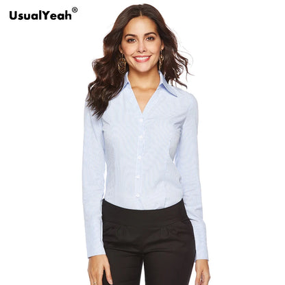 UsualYeah New Women Formal Shirts Long Sleeve Body Shirt Turn-down Collar V Neck OL Shirts and Blouses Striped white blue S-4XL