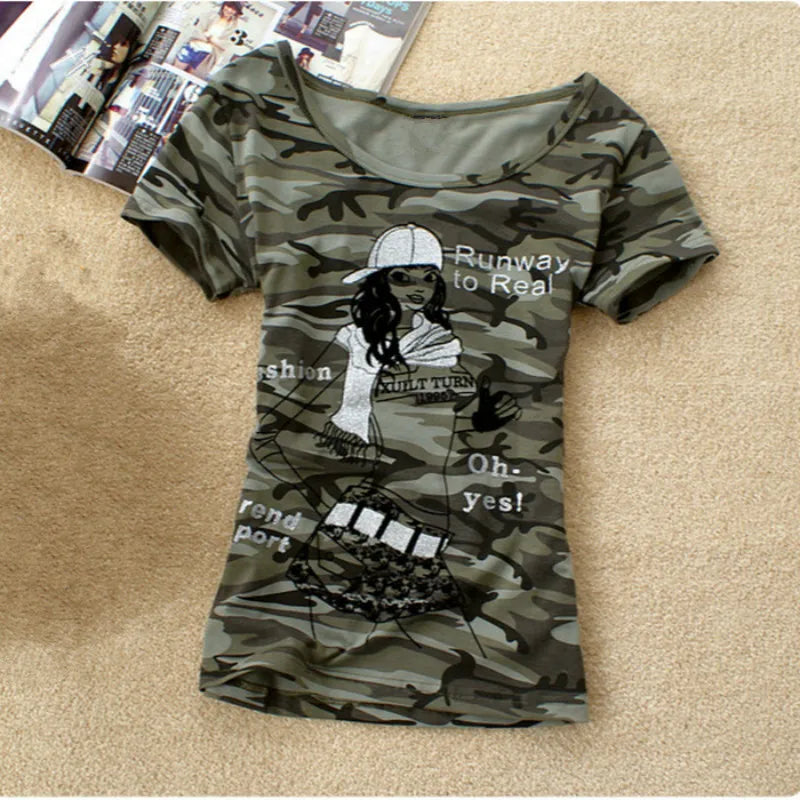 Army Camouflage t shirt Women Crown Print Cotton Stretch T-shirts Military Summer Short Sleeve Plus Size 4xl 5Xl Tee Shirt Tops