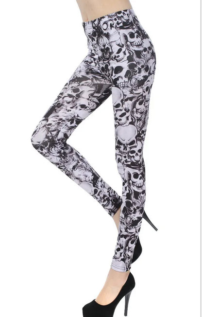 Elastic Black White Skull Leggings Milk Silk Printing