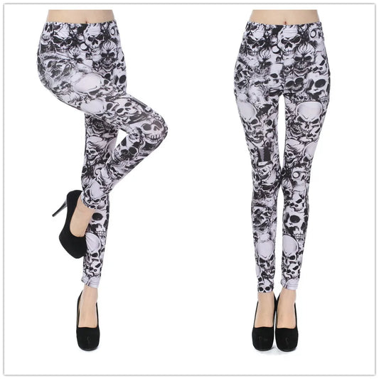 Elastic Black White Skull Leggings Milk Silk Printing