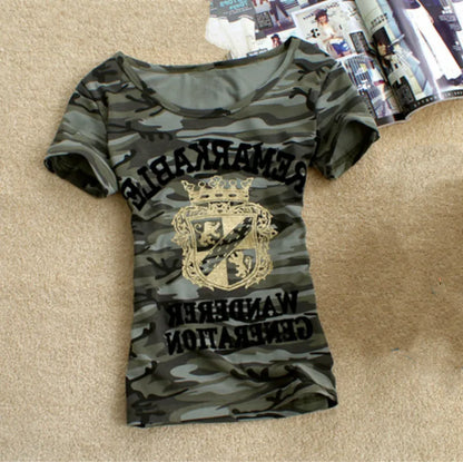 Army Camouflage t shirt Women Crown Print Cotton Stretch T-shirts Military Summer Short Sleeve Plus Size 4xl 5Xl Tee Shirt Tops