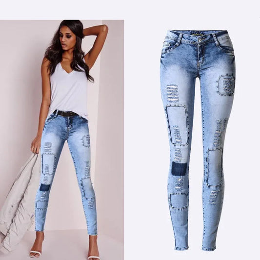 Summer Style Low Waist Sky Blue Patchwork Skinny Tights