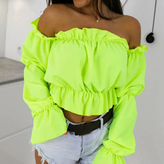 Candy Color Off Shoulder Crop Tops women Summer dot print lantern sleeve shirts Lady Sexy Slash neck beach blouse