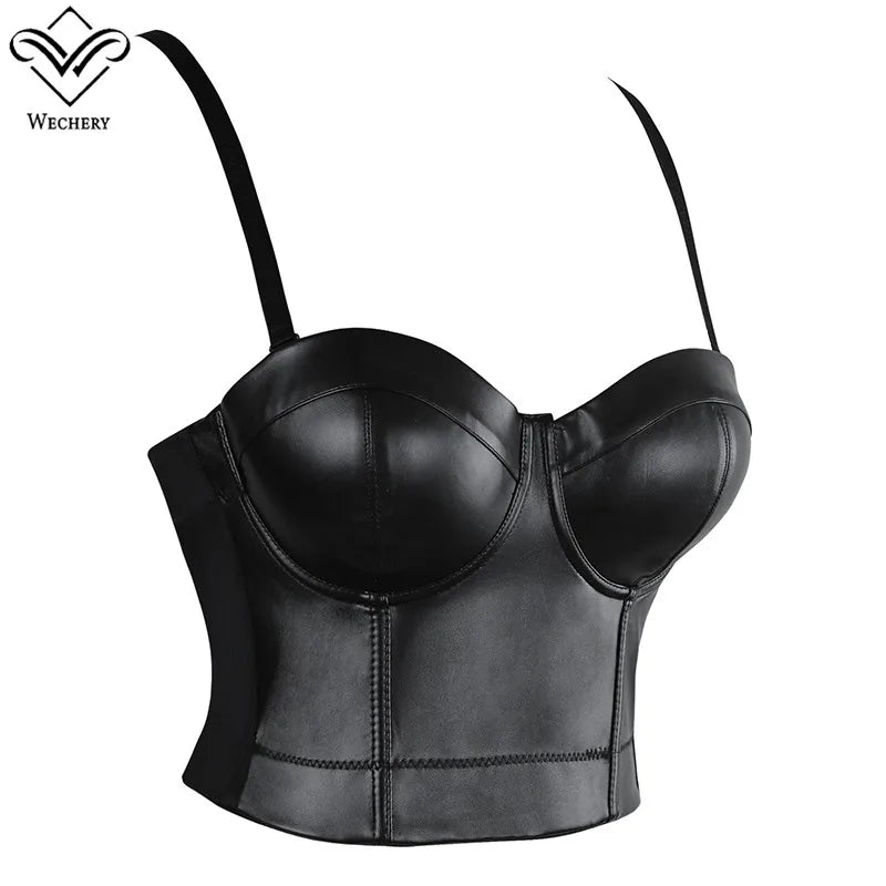 Wechery Women Leather Corset Top Crop Bustier Gothic Bra Push Up Bodice Sexy Lingerie Corselet Party Short Camis Plus Size 6XL