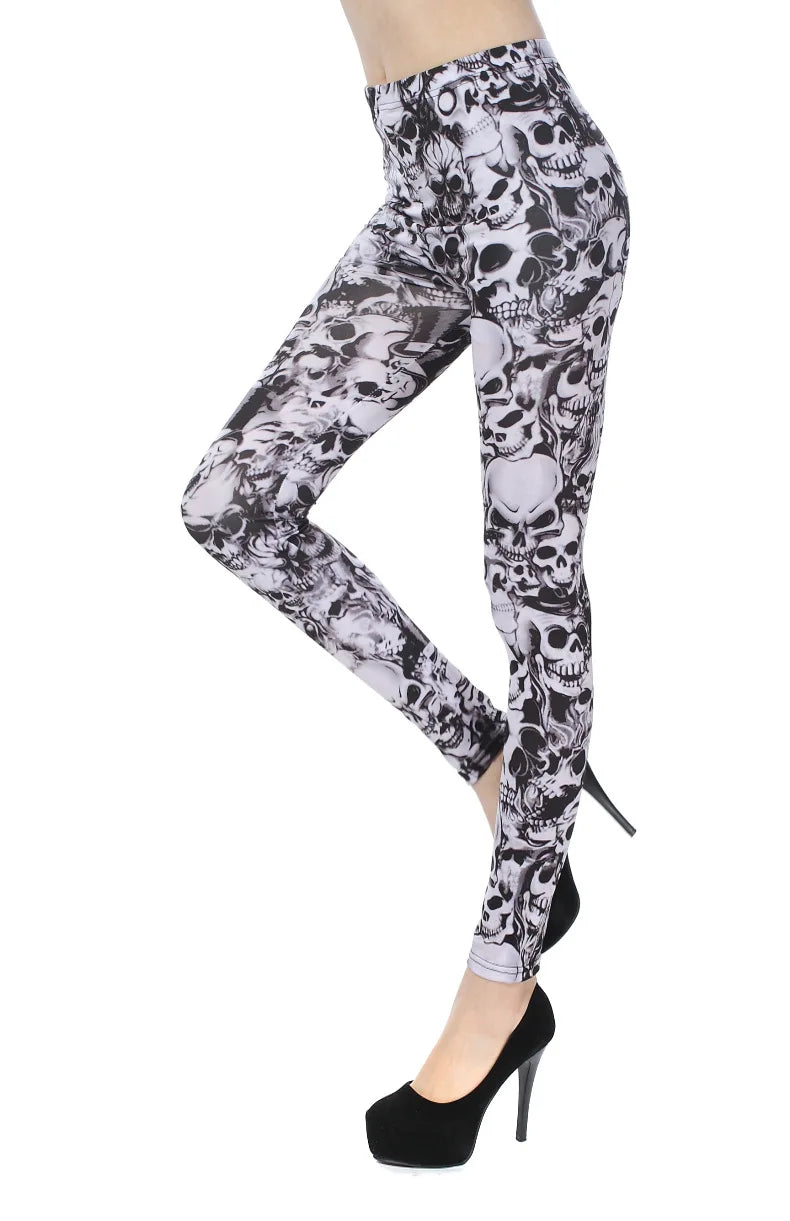 Elastic Black White Skull Leggings Milk Silk Printing