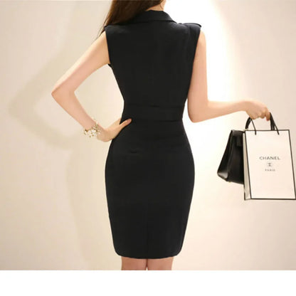 Pencil Dress Summer Sleeveless Notched Vintage Office Elegant