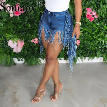 Summer High Waist Jeans Tassel Street Night Skinny Denim