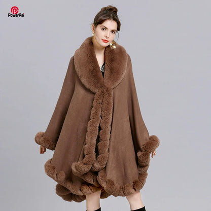 V Lapel Faux Rex Rabbit Fur Coat - Long Shawl Full Trim Fur