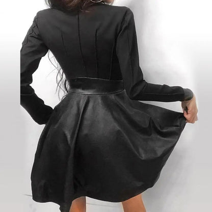 Lace Long Sleeve Dress - Zipper Pocket Faux Leather Mini