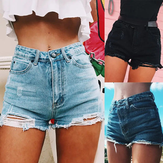 Hole Denim Shorts Women's Summer Ripped Frayed Zipper High