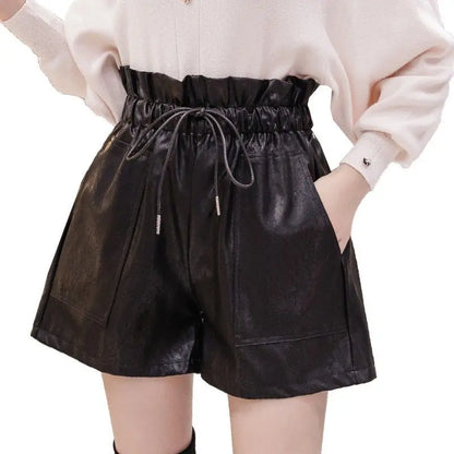 New High Waist Laced Up Shorts Flower Bud Leather Autumn Winter