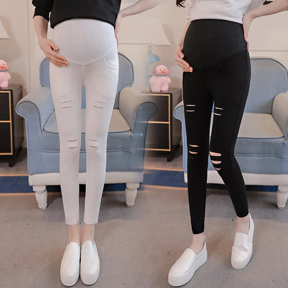 Ripped Hole Maternity Pants - Spring Summer High Elastic Waist