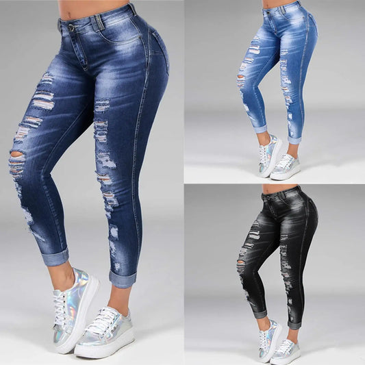 Plus Size Women's Ripped High Waist Trousers Skinny Denim Hollow