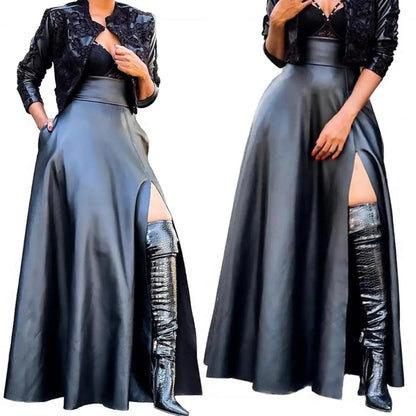 Elegant High Slit Faux Leather Long Skirt Stylish Maxi