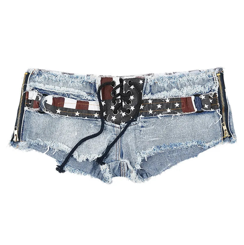 Woman Summer Broken Hole Jeans Sexy Flag Stripe Shorts