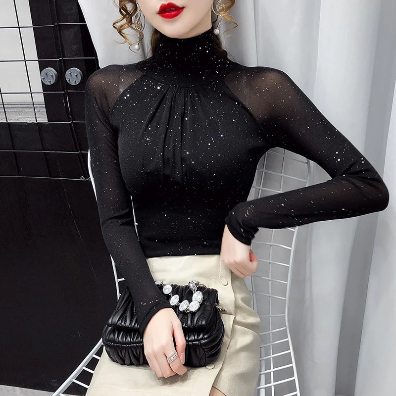 Korean fashion Women Mesh top High neck Sexy Black bottoming t shirt Casual Bright silk Lady shirt Blusa