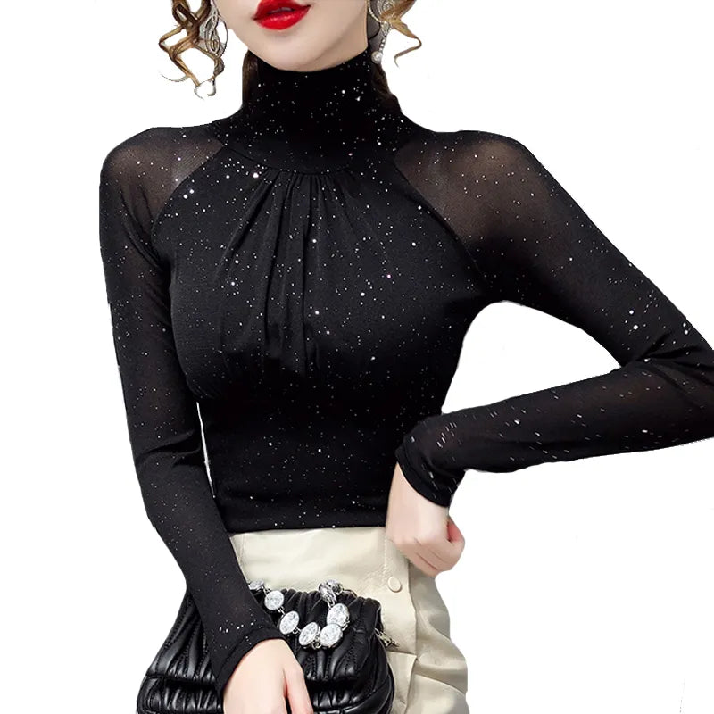 Korean fashion Women Mesh top High neck Sexy Black bottoming t shirt Casual Bright silk Lady shirt Blusa