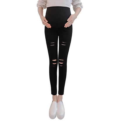 Ripped Hole Maternity Pants - Spring Summer High Elastic Waist