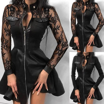 Lace Long Sleeve Dress - Zipper Pocket Faux Leather Mini