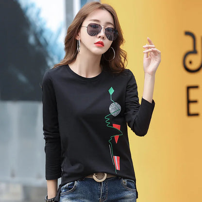 LJSXLS New Print T Shirt Women Cotton Korean Fashion Woman Clothes 2024 Spring Tops Autumn Tshirt Long Sleeve Tee Shirt Femme