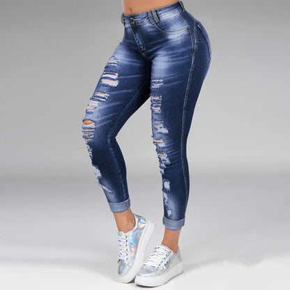 Plus Size Women's Ripped High Waist Trousers Skinny Denim Hollow