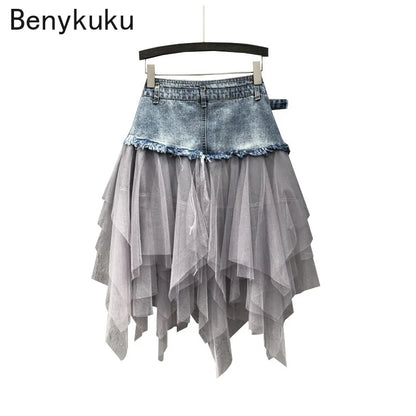 Punk Women's Denim Jeans Patchwork Lace Skirt High Waist Asymmetric