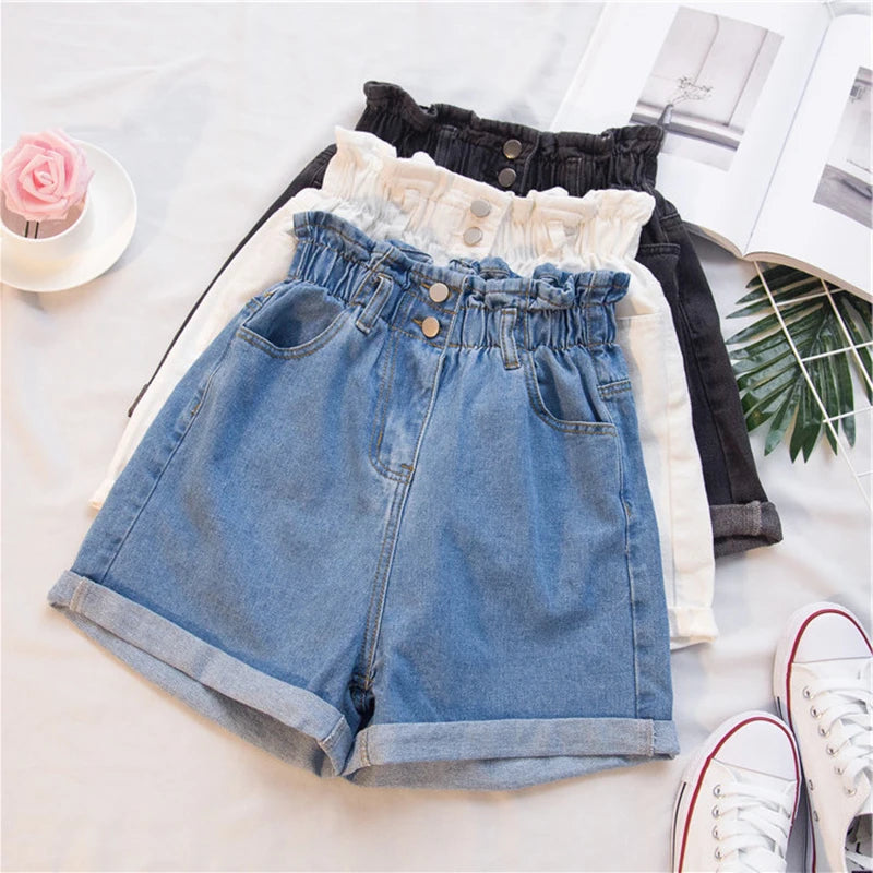 Summer High Waist Denim Shorts Casual Elastic Roll Up