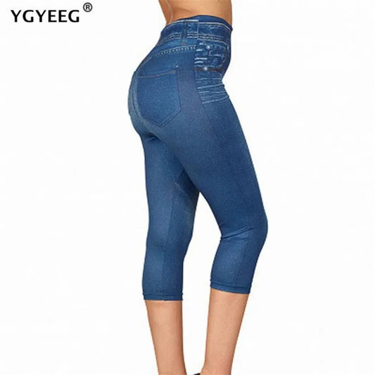 Ygyeeg New Slim Faux Jeans Leggings Women's Stretch Printed Short