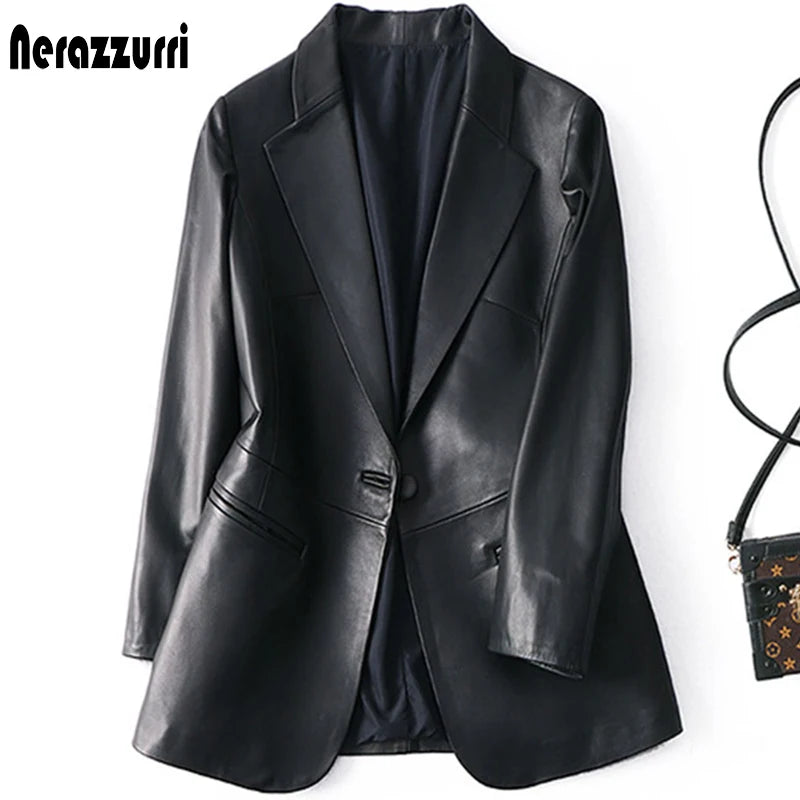 Nerazzurri Spring Autumn Black Leather Blazer Women Single Button Designer Jackets 5XL-7XL