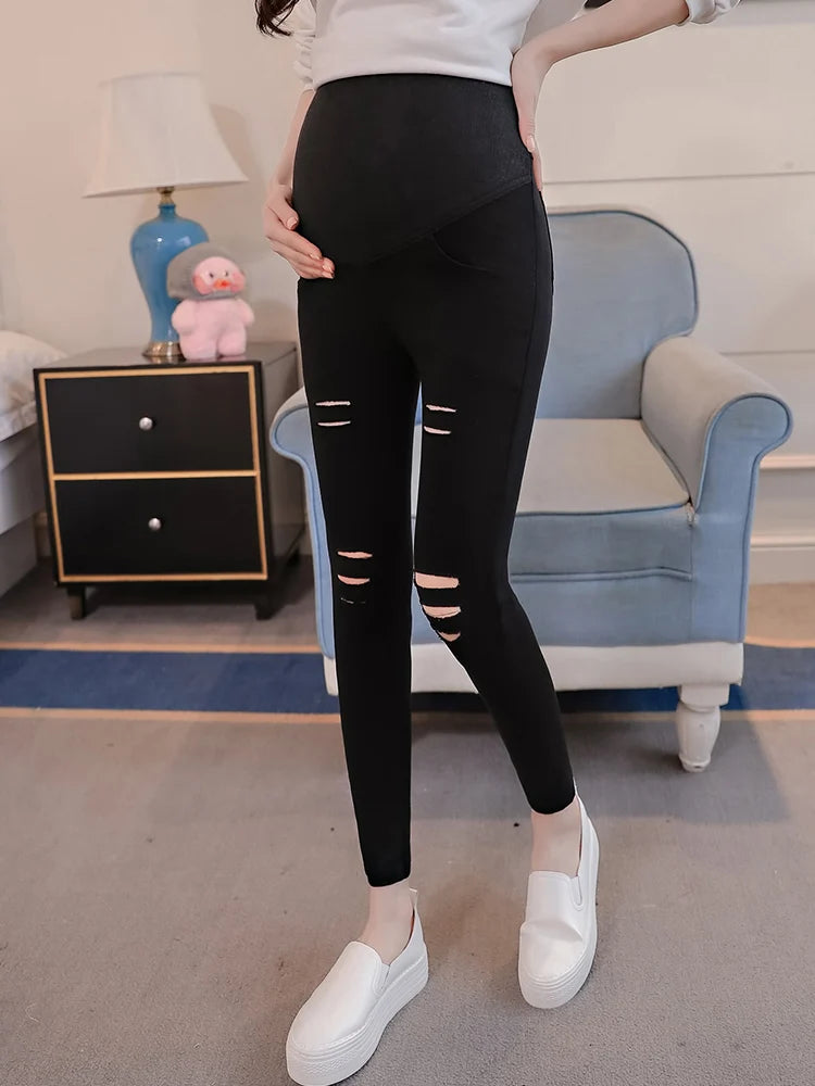 Ripped Hole Maternity Pants - Spring Summer High Elastic Waist