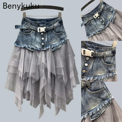 Punk Women's Denim Jeans Patchwork Lace Skirt High Waist Asymmetric