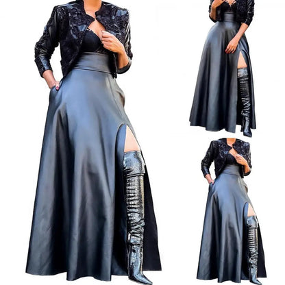 Elegant High Slit Faux Leather Long Skirt Stylish Maxi