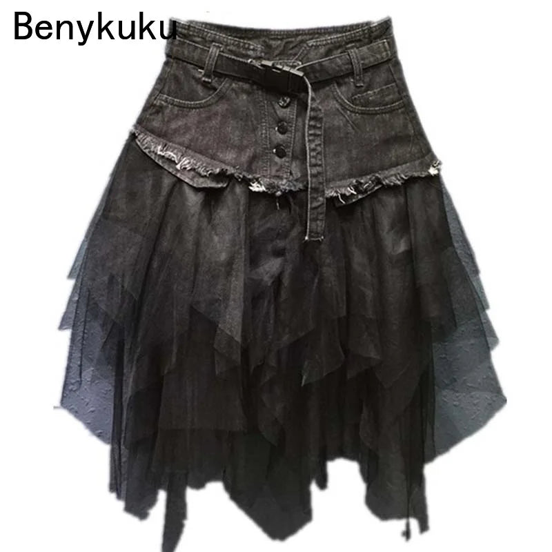 Punk Women's Denim Jeans Patchwork Lace Skirt High Waist Asymmetric