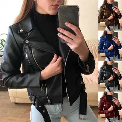 Solid Color Lady Faux Leather Jacket Autumn Winter Biker Jacket Women Waterproof Leather Coat