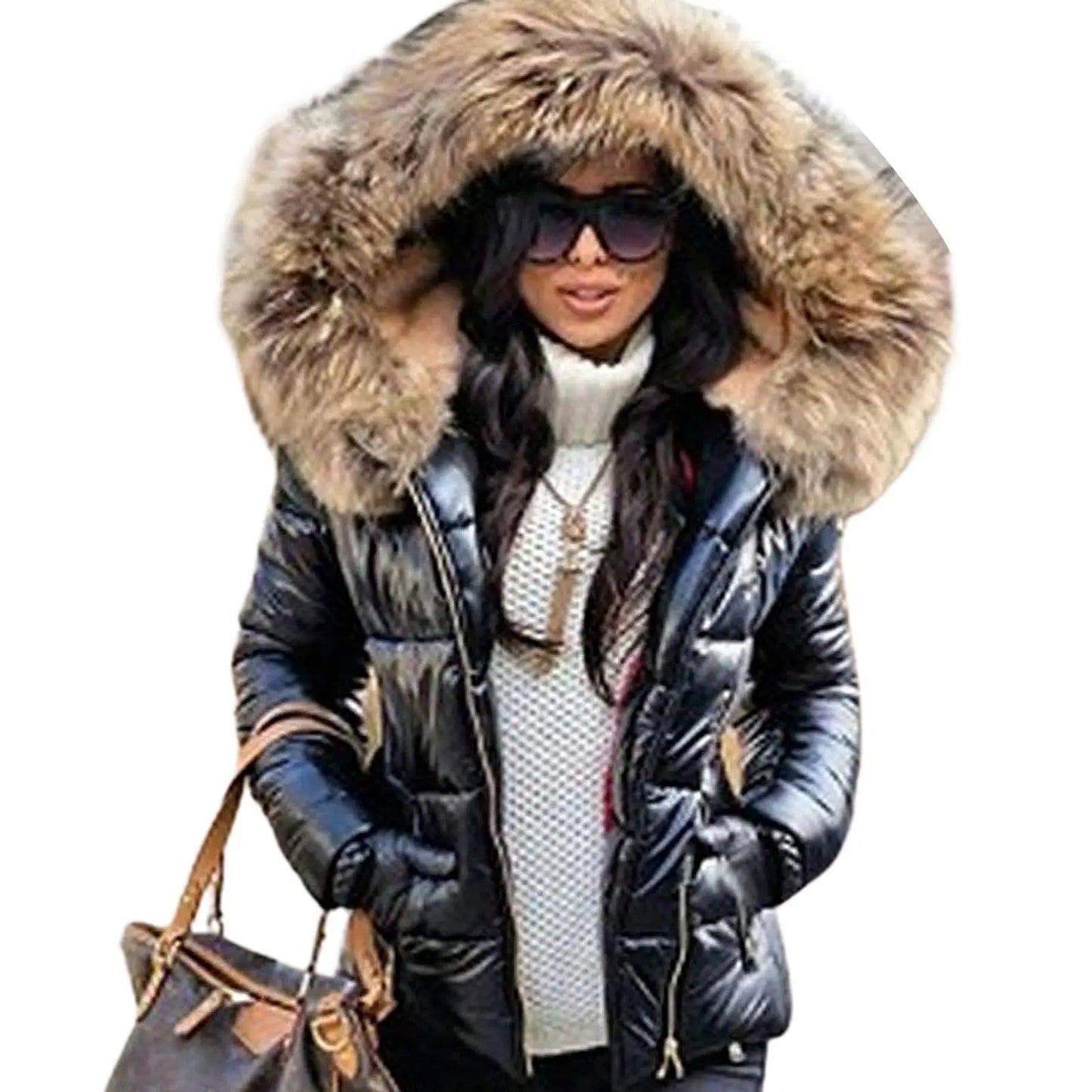 Loose Faux Fur Hooded Jacket - Women’s Winter Zipper Down Coat