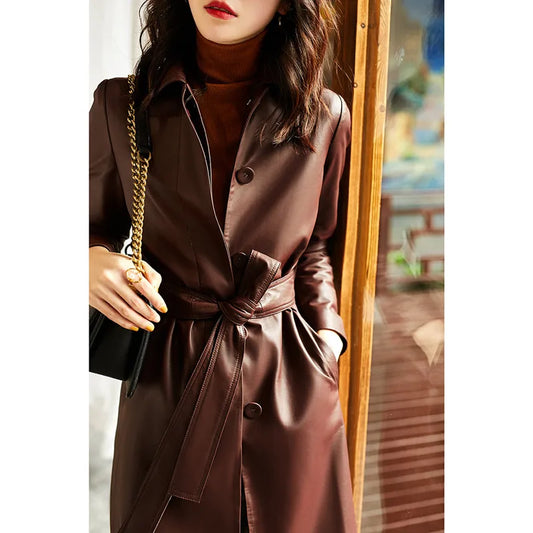 Genuine Leather Lace-Up Coat - Sheepskin Jacket, Long Trench